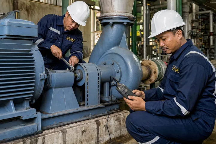 Teknisi melakukan perawatan mesin industri