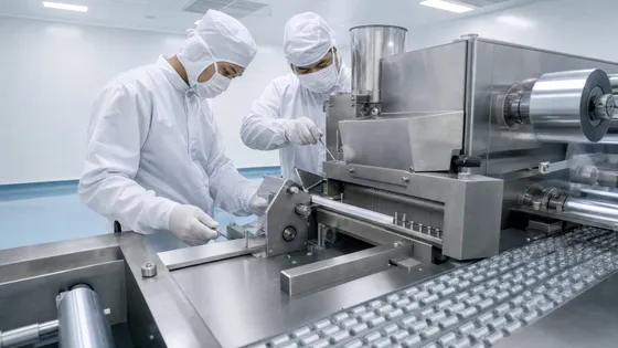 Teknisi melakukan maintenance pada lini produksi farmasi