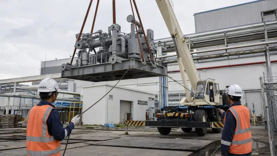 Proses lifting kompresor industri besar di fasilitas Vektor Mesin